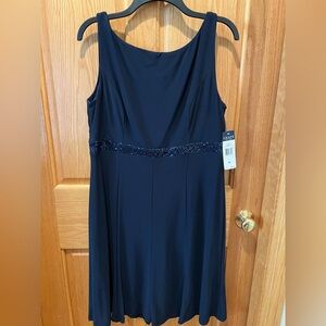 NWT Chaps Navy Blue Dress Sleeveless Scoop Neck Midi w/ Sequin Detail Waist XL